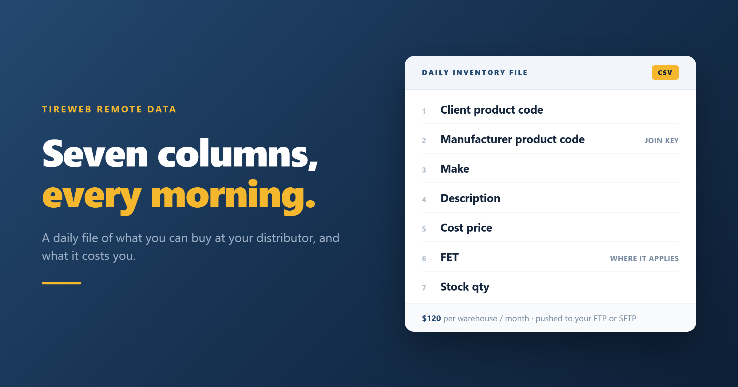 The seven columns in the Tireweb Remote Data file: client product code, manufacturer product code, make, description, cost price, FET and stock quantity.