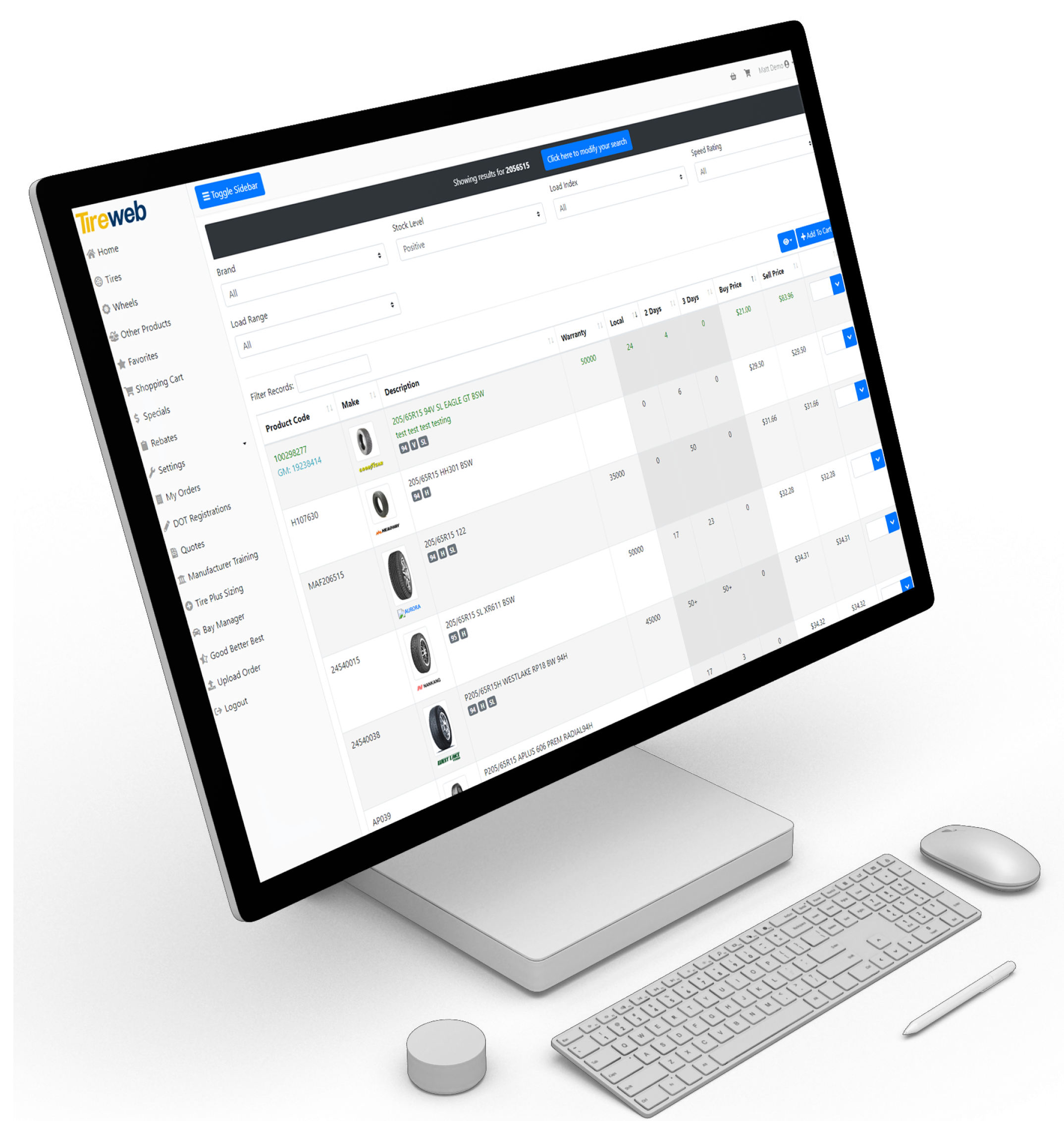 Tireweb Wholesale dealer portal on desktop
