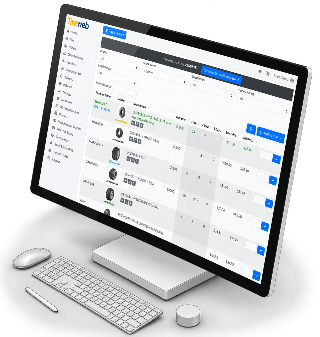 Tireweb Wholesale dealer portal on desktop