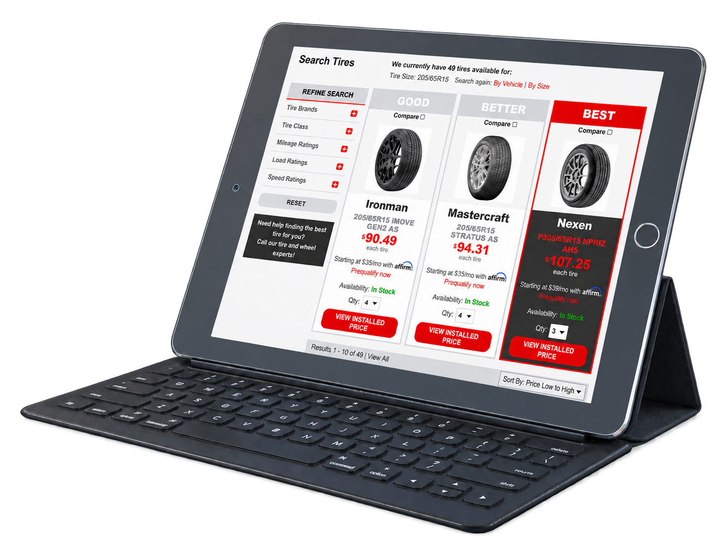 Tireweb Retail consumer storefront showing Good / Better / Best tire results on a tablet