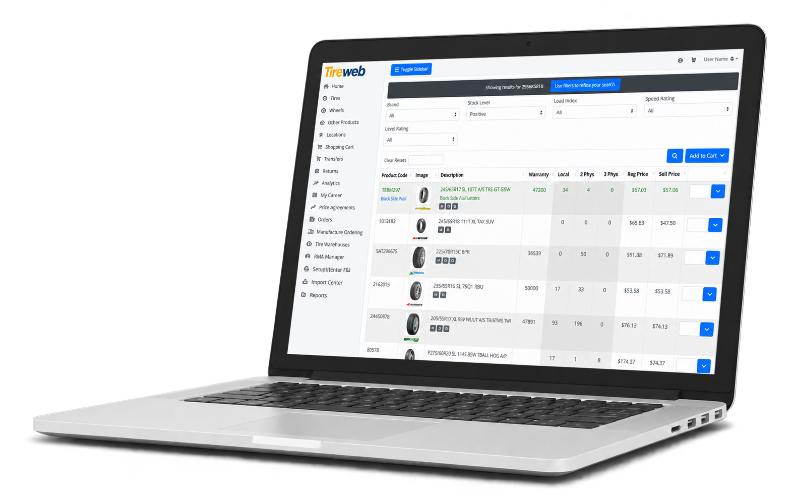 Tireweb Wholesale dealer portal shown on a laptop
