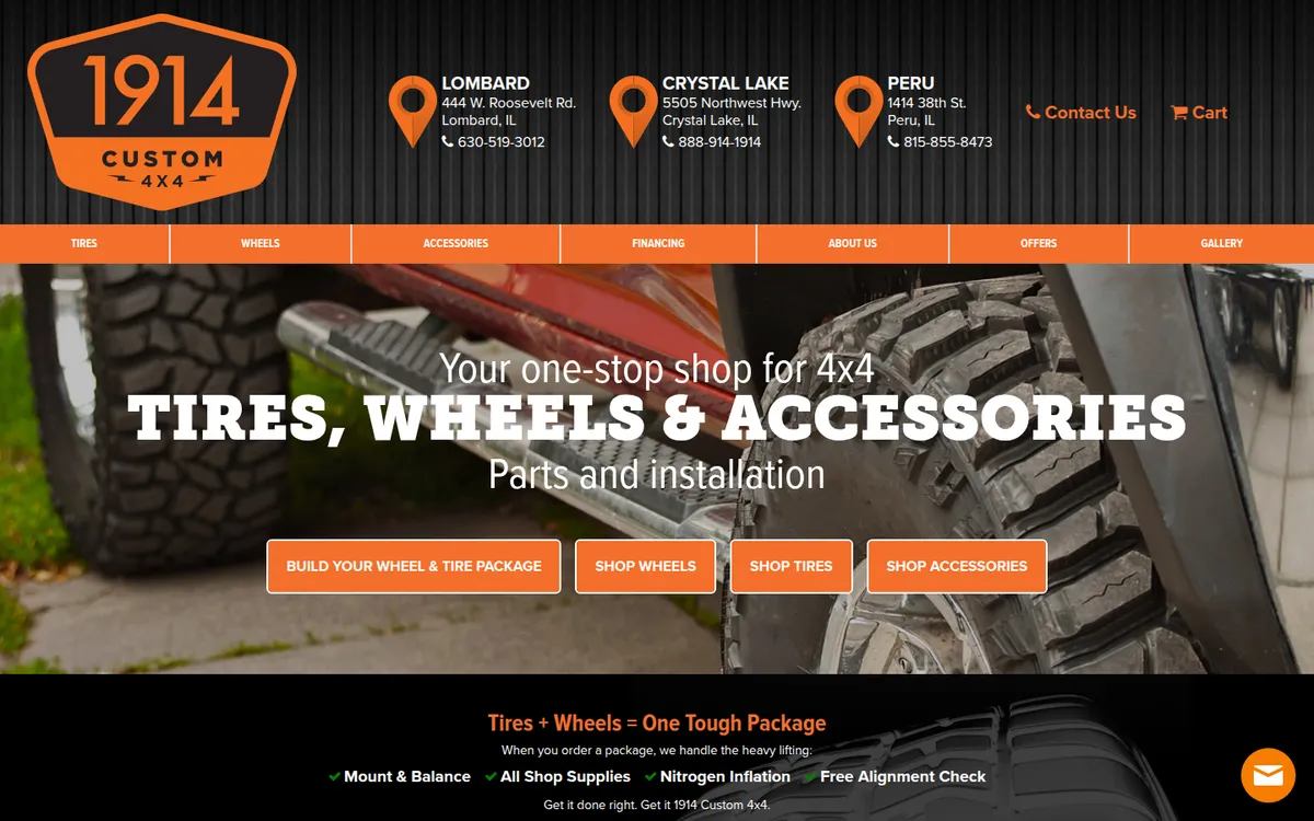 Homepage of the 1914 Custom 4X4 tire storefront at 1914custom4x4.com, powered by Tireweb Retail