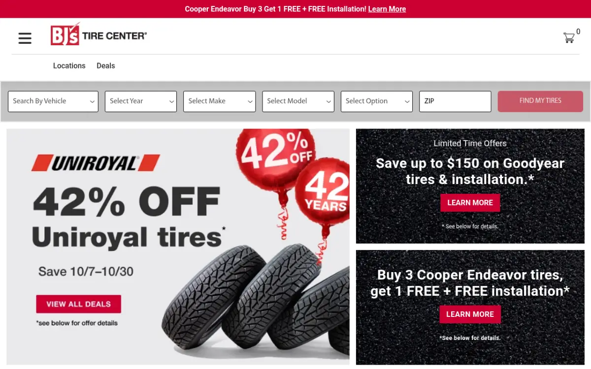 BJ's Tire Center website homepage with tire search by vehicle, size and item number