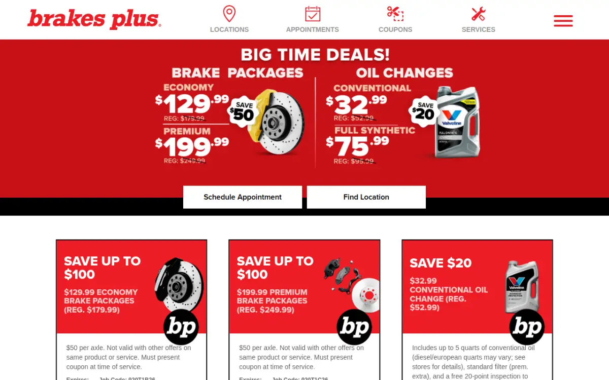Homepage of the Brakes Plus tire storefront at www.brakesplus.com, powered by Tireweb Retail
