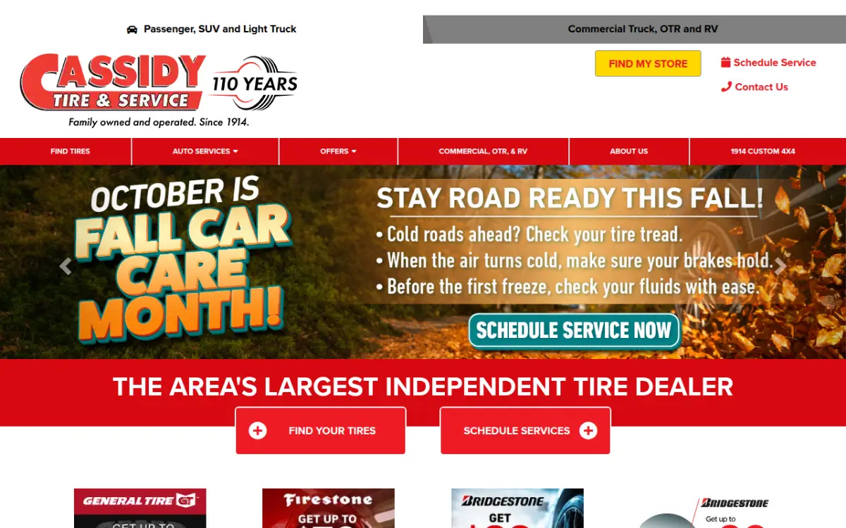 Cassidy Tire & Service website with My Store selector, store hours and tire search