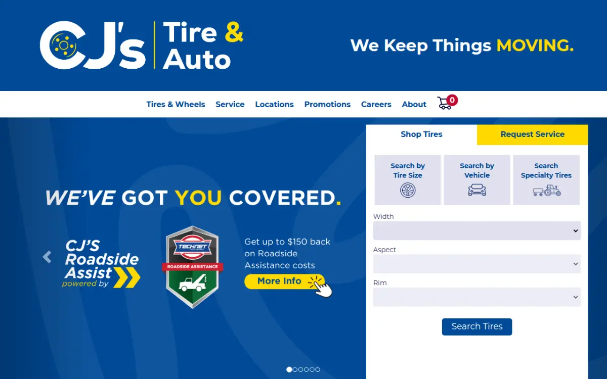 CJ's Tire & Auto website with tire search by size, vehicle or specialty tires