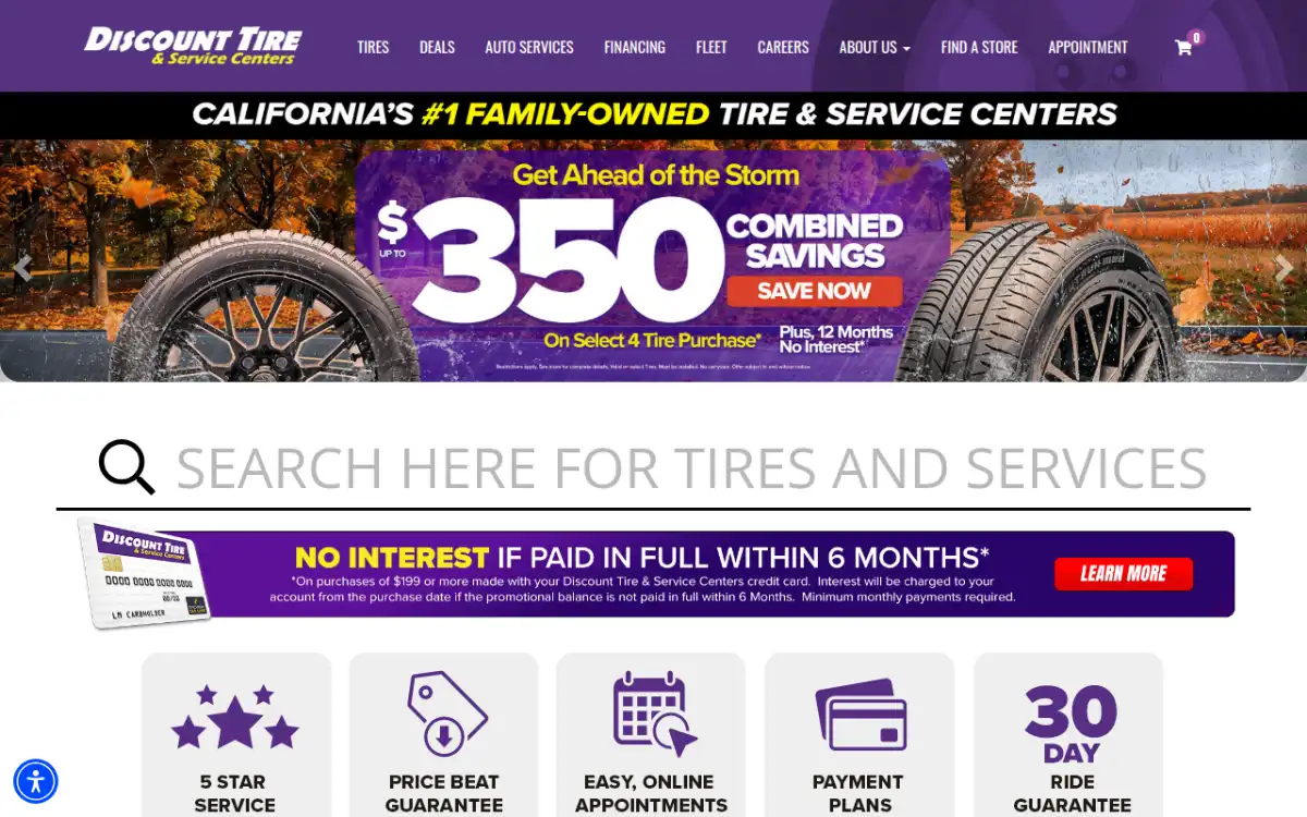 Homepage of the Discount Tire Centers tire storefront at www.discounttirecenters.com, powered by Tireweb Retail