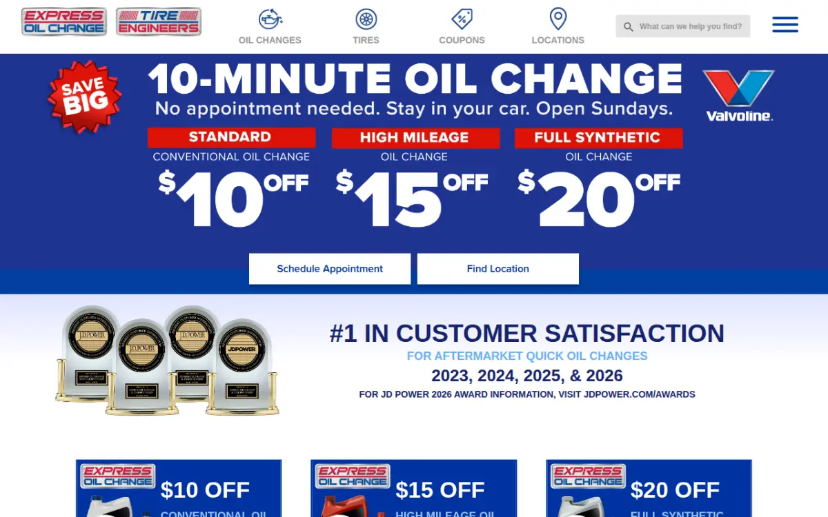 Express Oil Change & Tire Engineers website with appointment scheduling and location finder