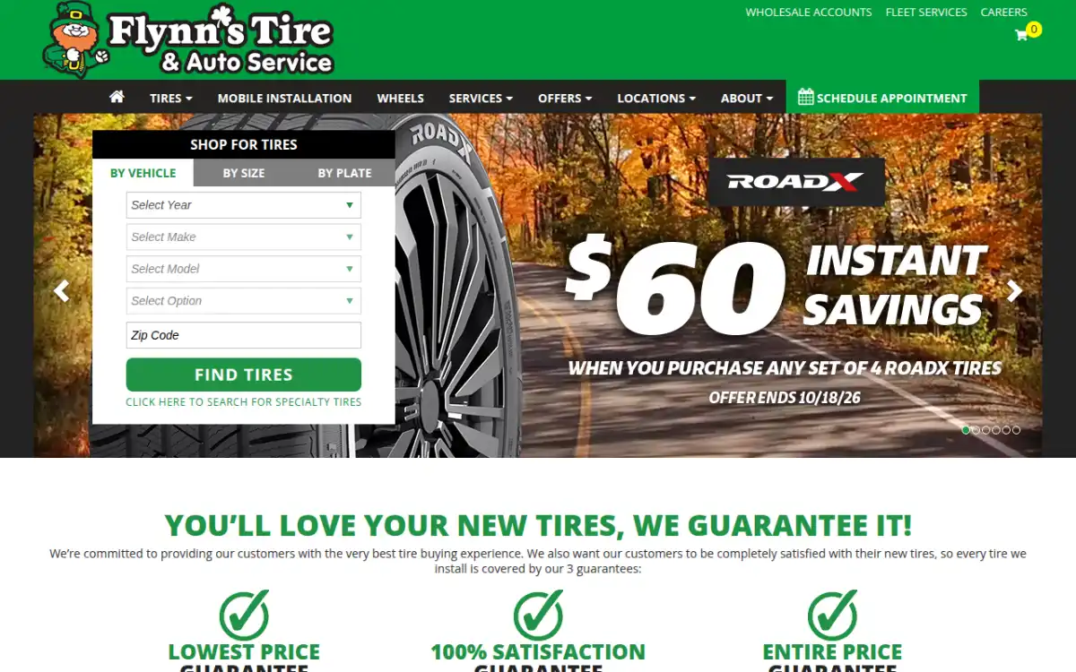 Flynn's Tire & Auto Service website with search by vehicle, size or license plate