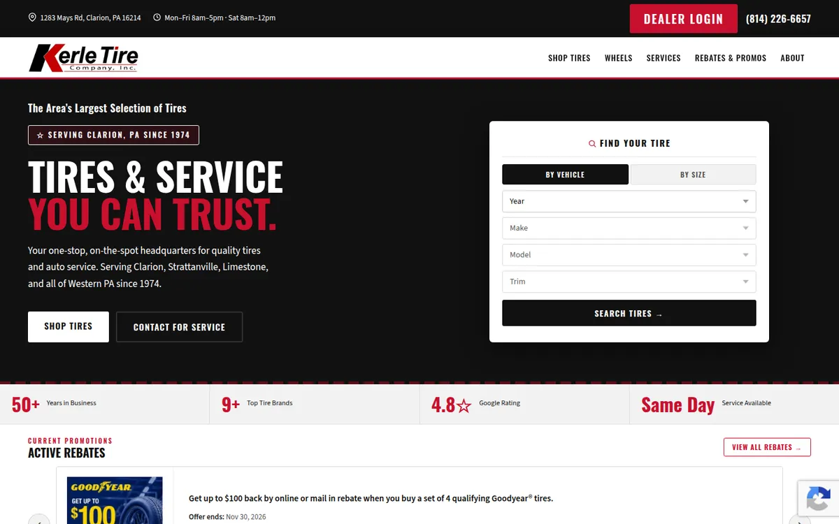 Homepage of the Kerle Tire Company tire storefront at www.kerletire.com, powered by Tireweb Retail