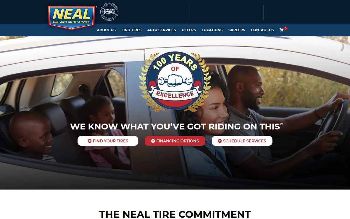 Homepage of the Neal Tire tire storefront at nealtire.com, powered by Tireweb Retail