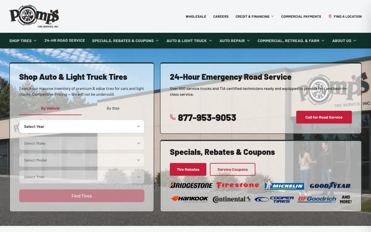 Pomp's Tire Service website with consumer tires, commercial tires and 24-hour road service