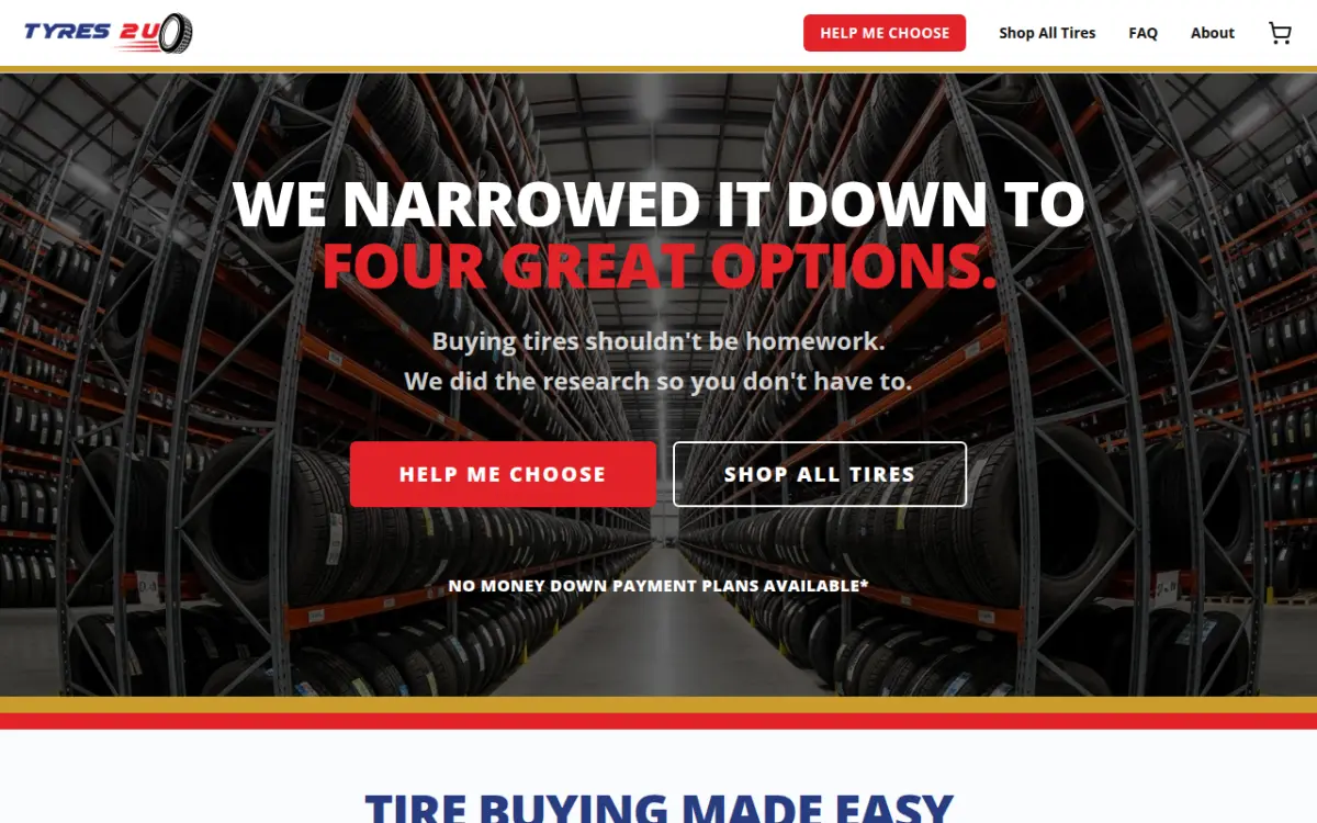 Homepage of the Tyres 2U tire storefront at tyres2u.com, powered by Tireweb Retail