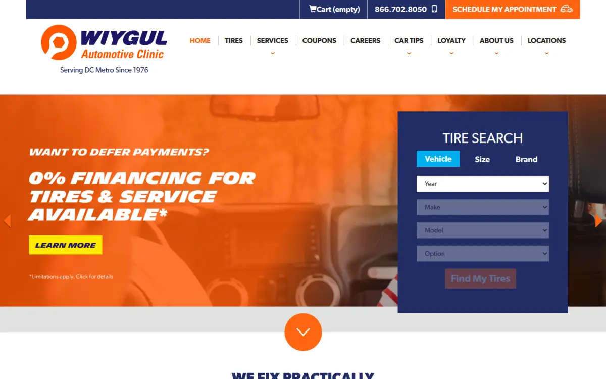 Homepage of the Wiygul Automotive Clinic tire storefront at www.wiygul.com, powered by Tireweb Retail