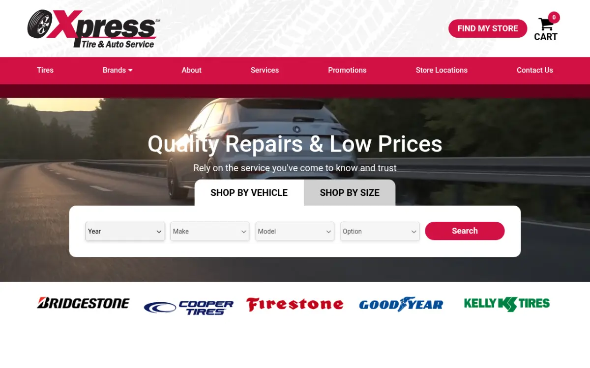 Homepage of the Xpress Tire & Auto Service tire storefront at www.xpress-tire.com, powered by Tireweb Retail