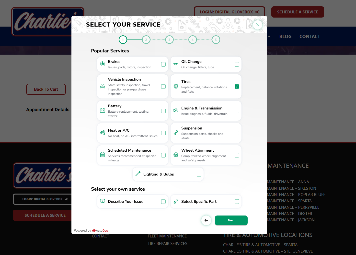 The AutoOps 'Select your service' scheduling popup as a customer sees it — opened over a tire shop's website with Tires pre-selected, a step indicator, and a grid of popular services.