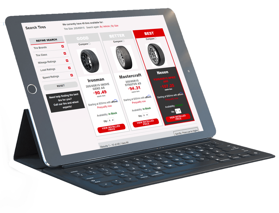 Tireweb Retail consumer storefront showing Good / Better / Best tire results on a tablet