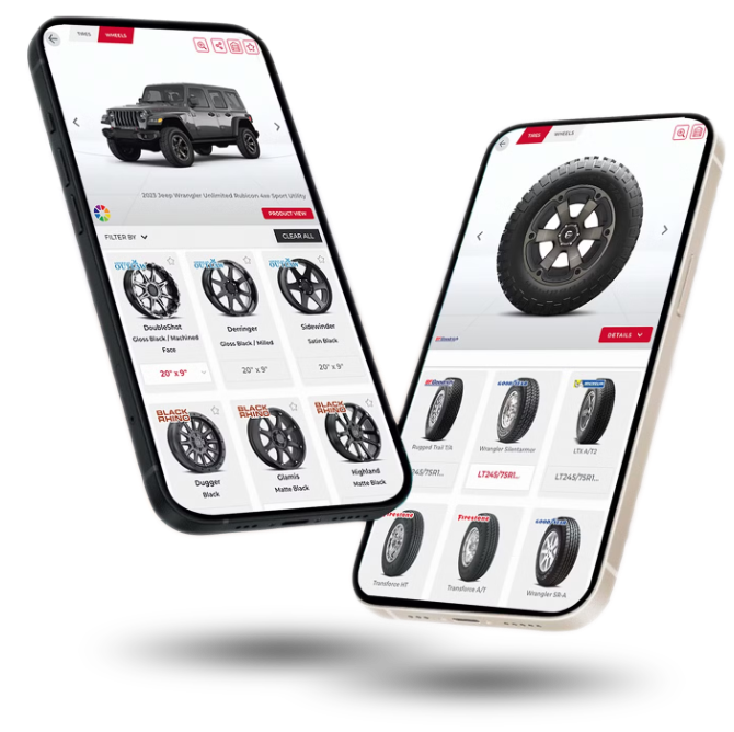 Tireweb wheel and tire pairing shown on two smartphones — wheel results on a Jeep on one screen, tire results on the other