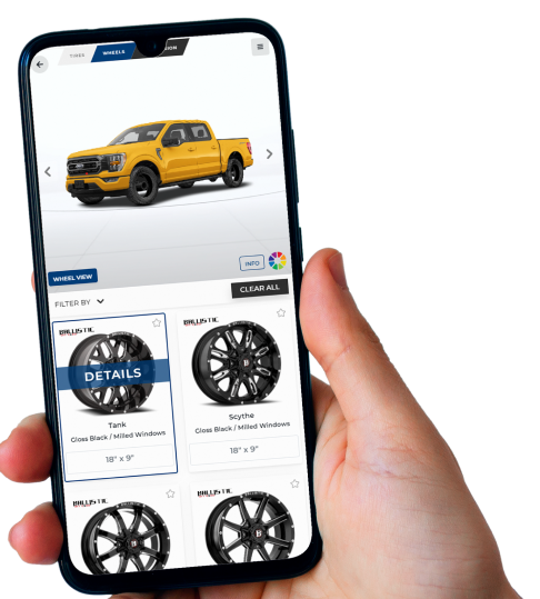 Tireweb wheel storefront on a smartphone — vehicle visualizer with filterable wheel results