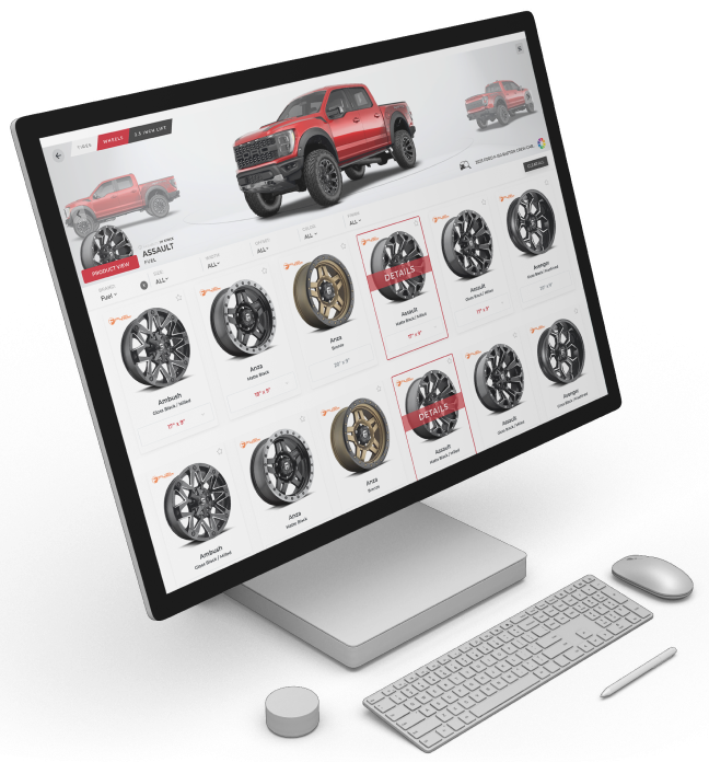 Tireweb wheel visualizer on a desktop monitor — Ford F-150 with selectable wheel options