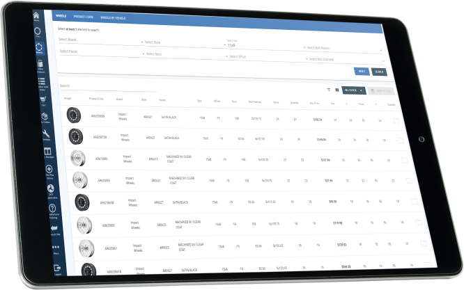 Tireweb wholesale wheel ecommerce shown on a tablet — searchable inventory grid with fitment filters and pricing