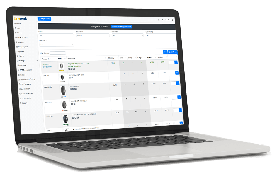 Tireweb Wholesale dealer portal shown on a laptop